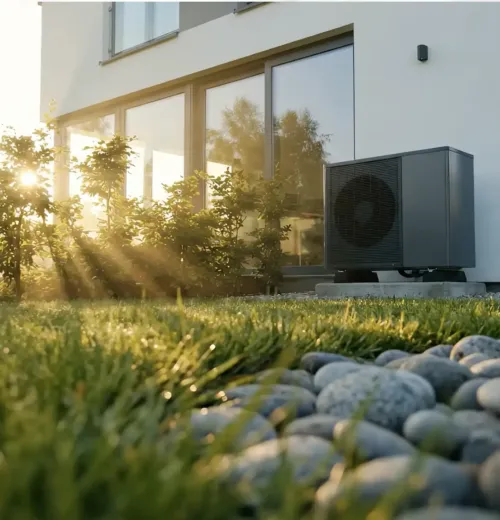 Wärmepumpe als Außeneinheit an einem modernen Wohnhaus